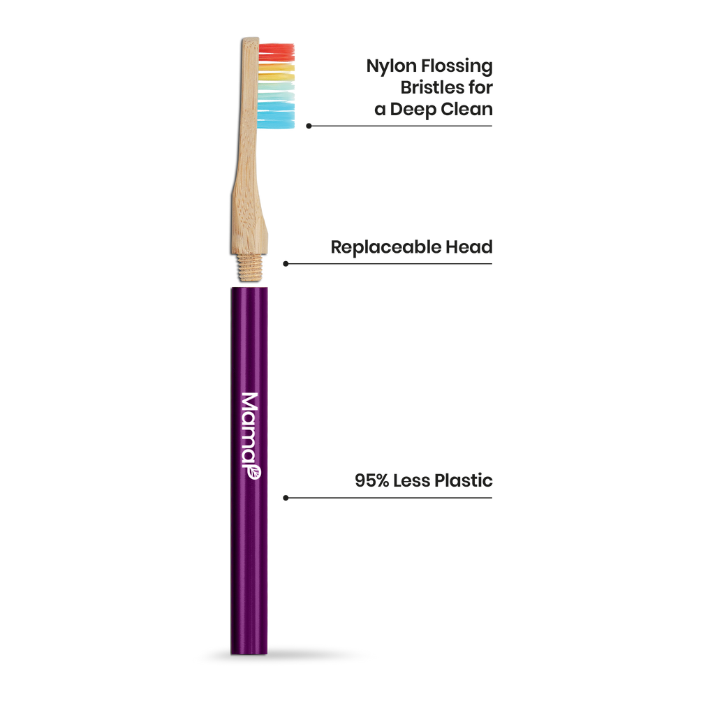 Purple toothbrush with colorful bristles and text highlighting features on a white background