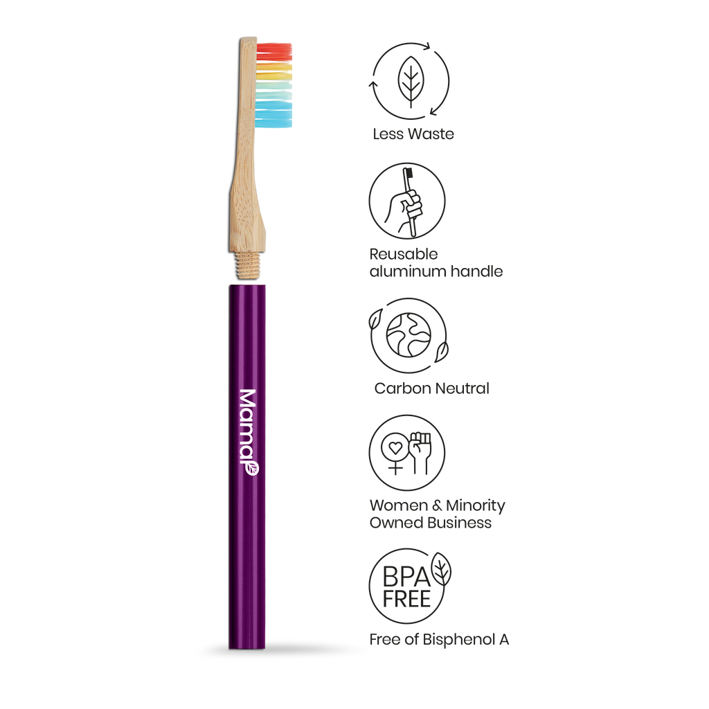 Purple toothbrush with rainbow bristle head on a white background, featuring sustainability icons and text.
