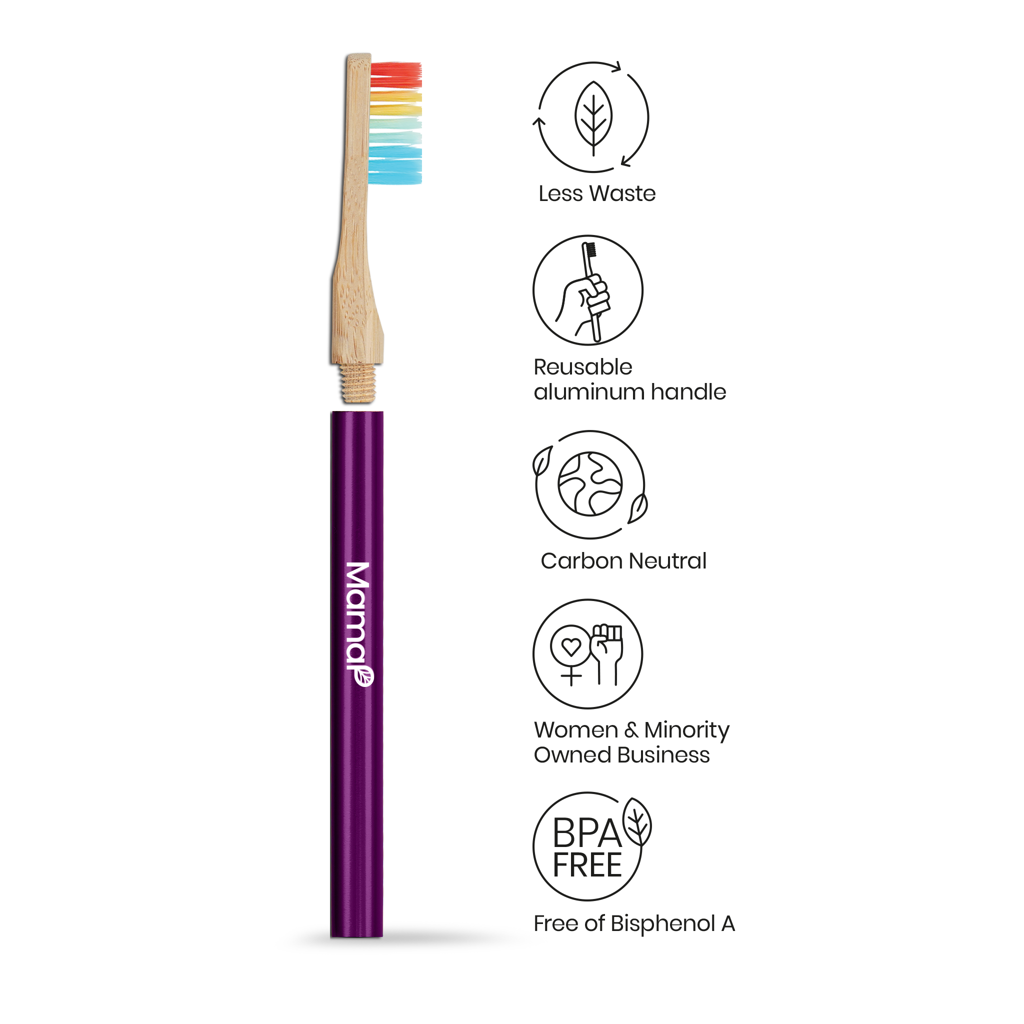 Purple toothbrush with rainbow bristle head on a white background, featuring sustainability icons and text.