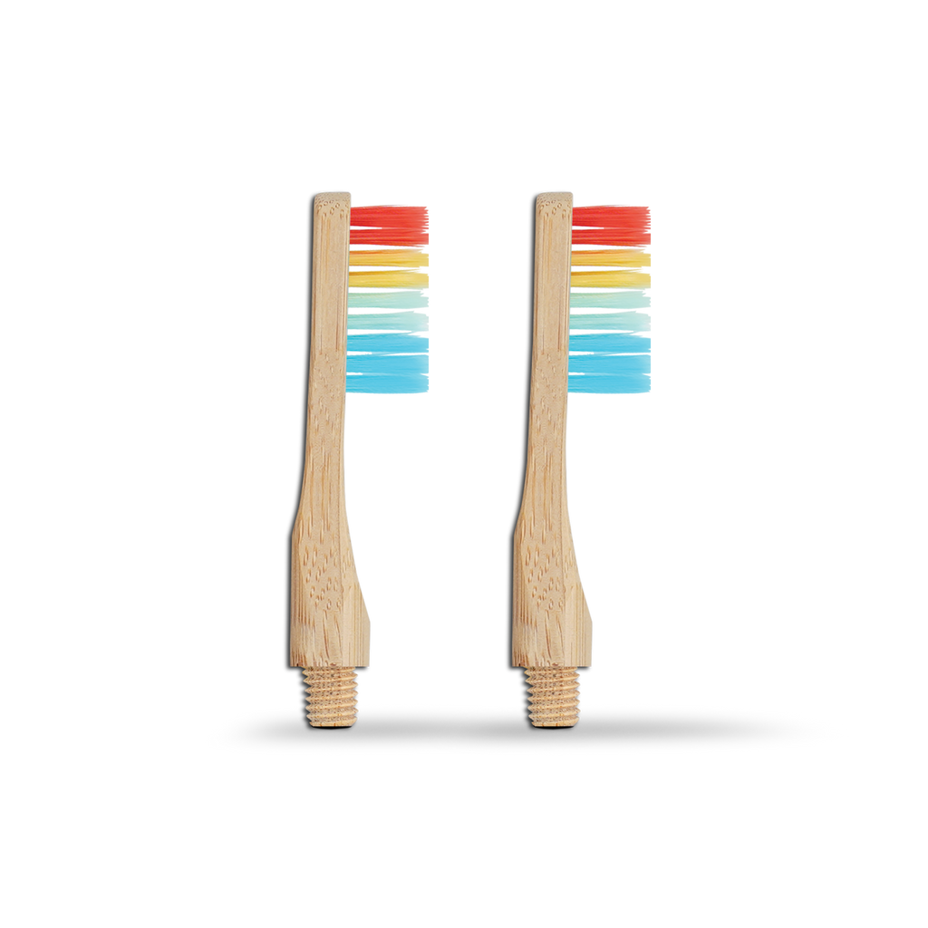 Two wooden toothbrush heads with colorful LGBTQ+ bristle patterns on a white background