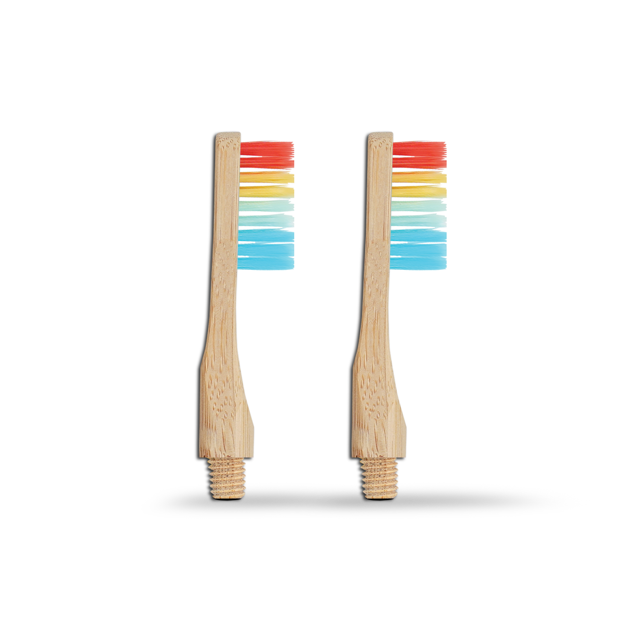 Two wooden toothbrush heads with colorful LGBTQ+ bristle patterns on a white background