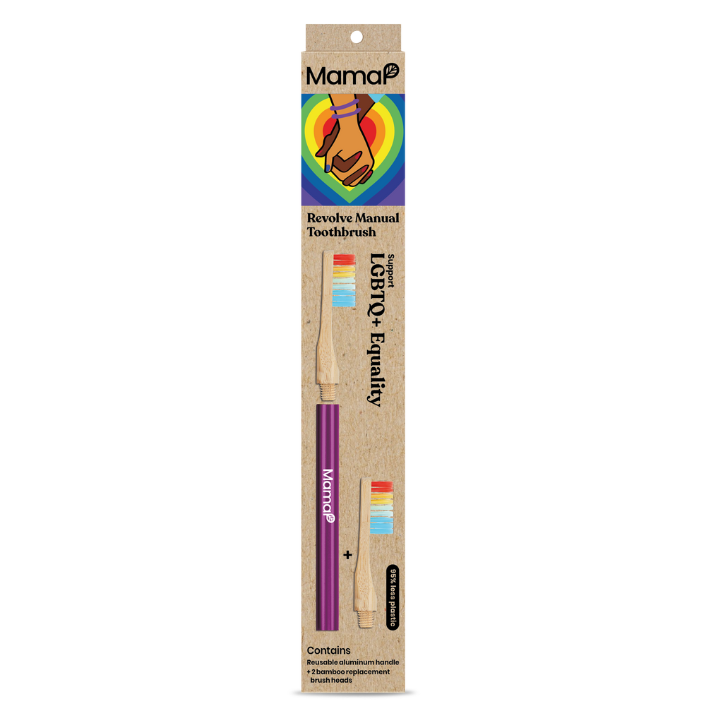 MamaP Revolve Manual Toothbrush packaging with rainbow design on a white background