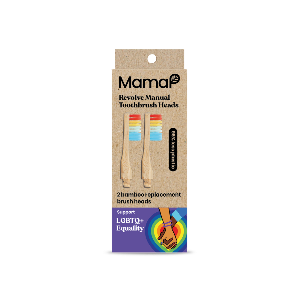 Packaging of MamaP+ toothbrush heads with a LGBTQ+ design on a white background
