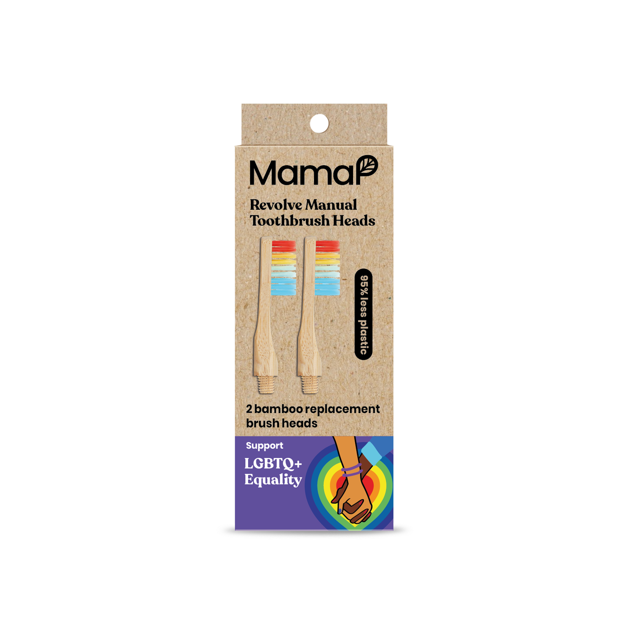 Packaging of MamaP+ toothbrush heads with a LGBTQ+ design on a white background