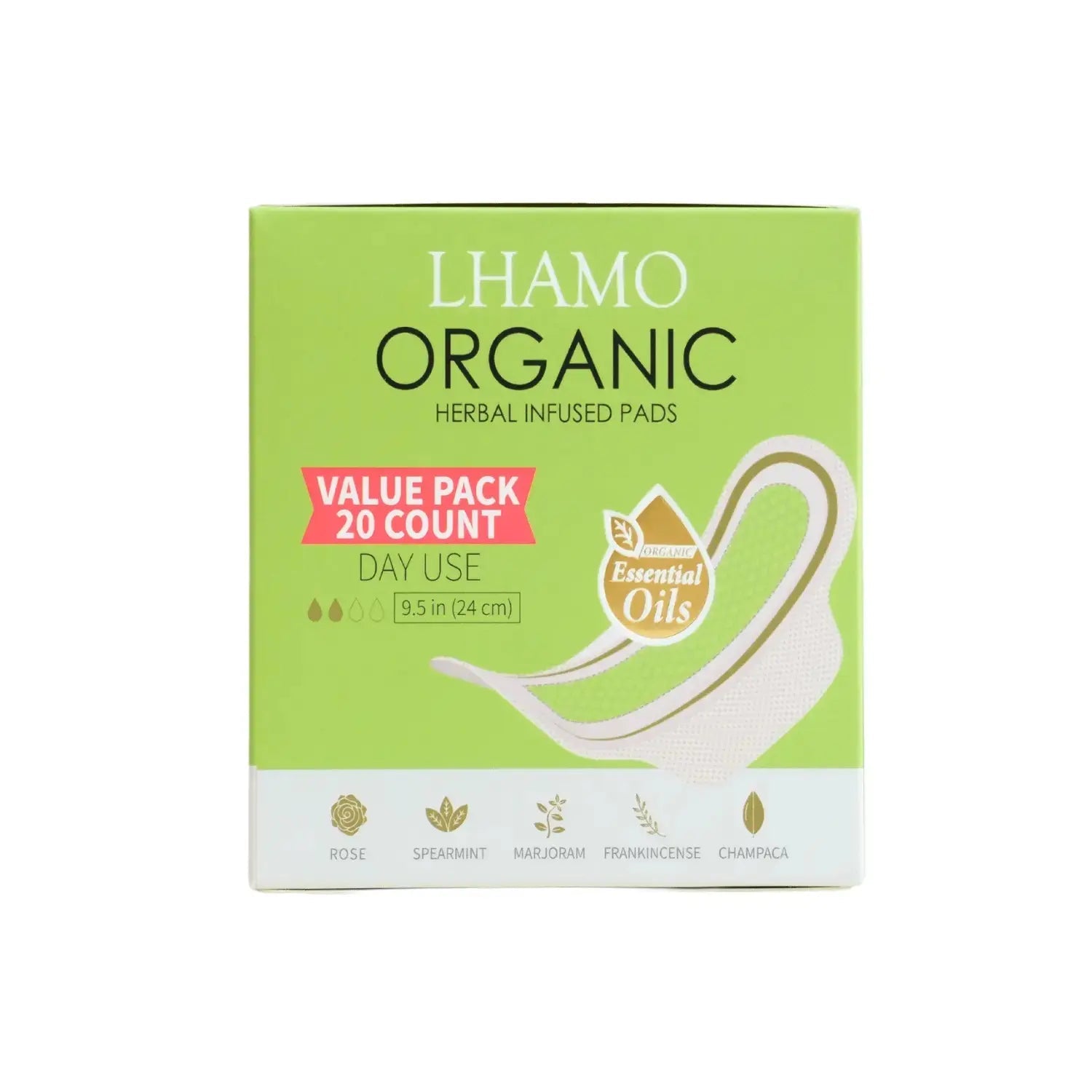Lhamo Organic herbal infused pads packaging on a white background