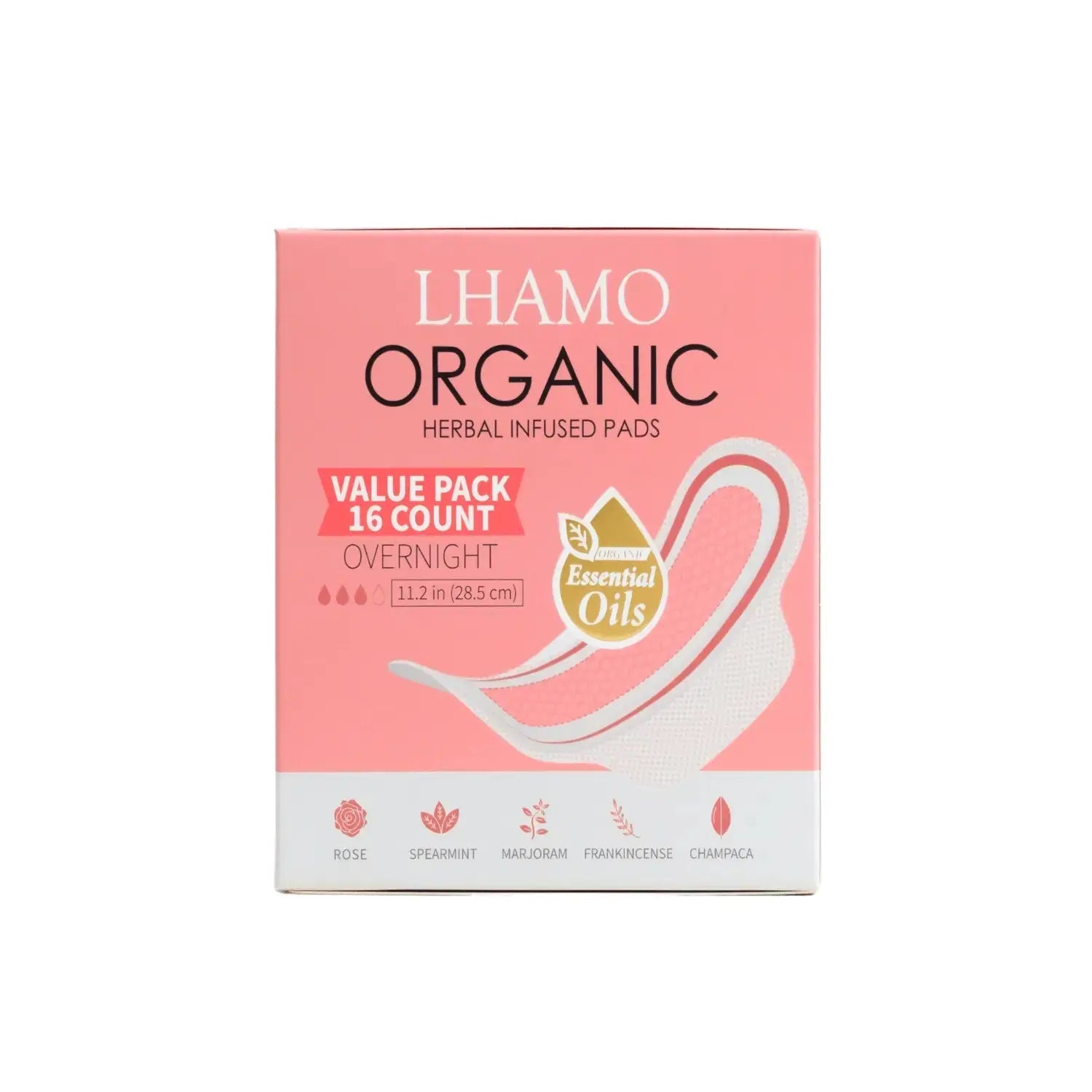 Lhamo Organic herbal infused pads packaging on a white background
