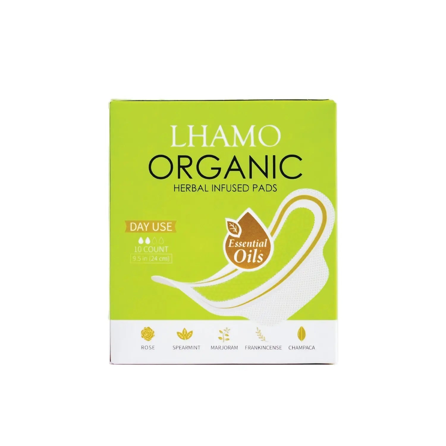 Lhamo Organic herbal infused pads packaging on a white background