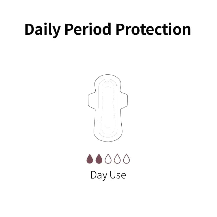 Menstrual pad with 'Daily Period Protection' text and 'Day Use' label on a white background