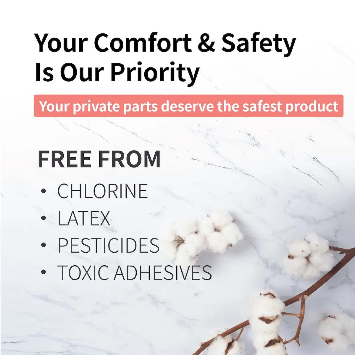 Advertisement highlighting product safety features with cotton branches on a light background