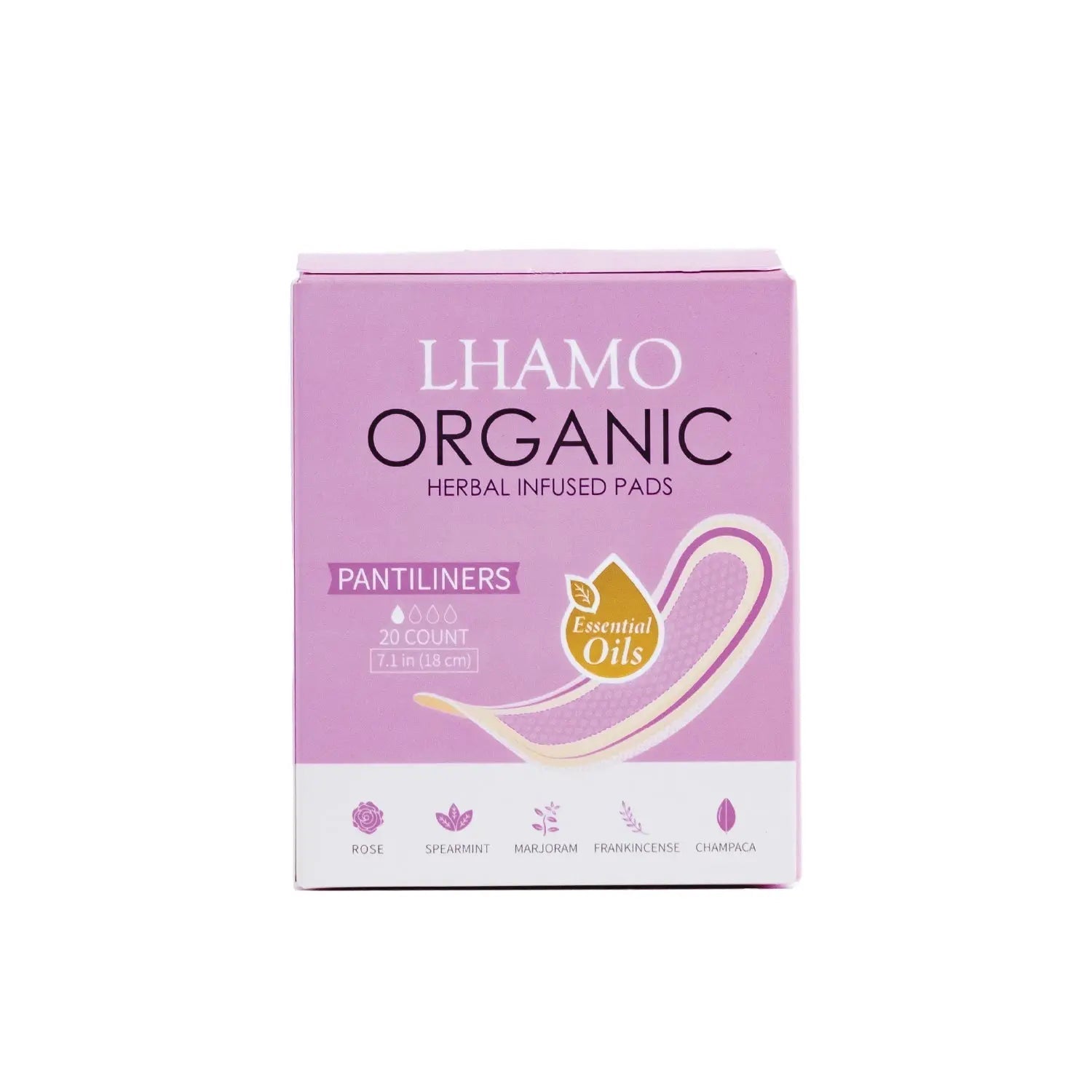 Lhamo Organic herbal infused pads packaging on a white background