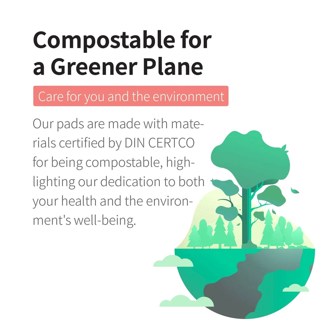 Advertisement for compostable products with a tree and Earth illustration on a white background.