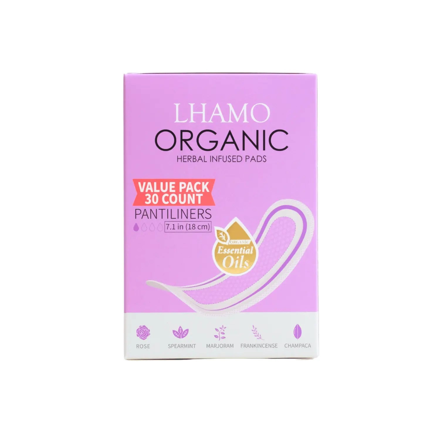 Lhamo Organic herbal infused pads packaging on a white background