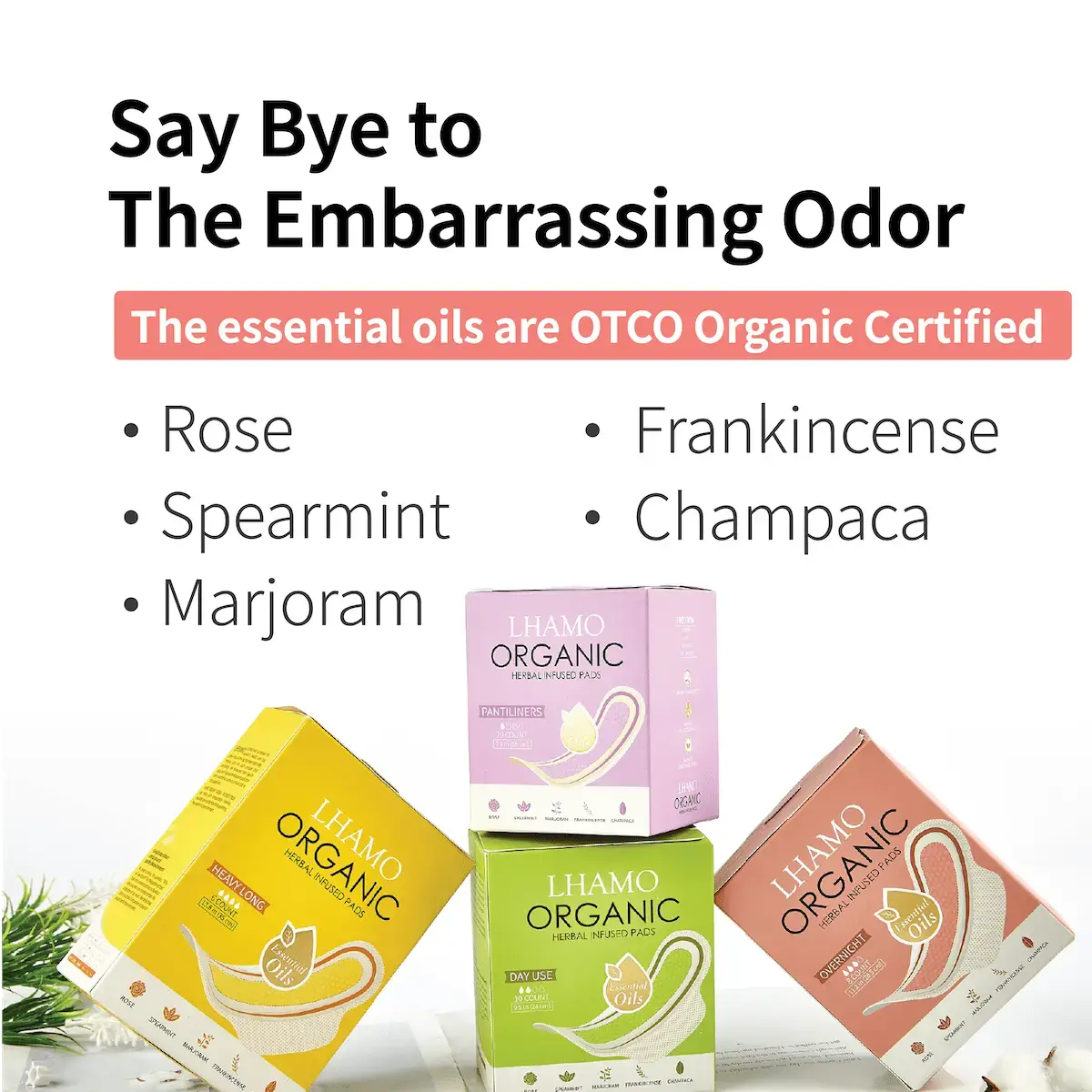 Advertisement for Lhamo Organic essential oils with product packaging and text on a white background.