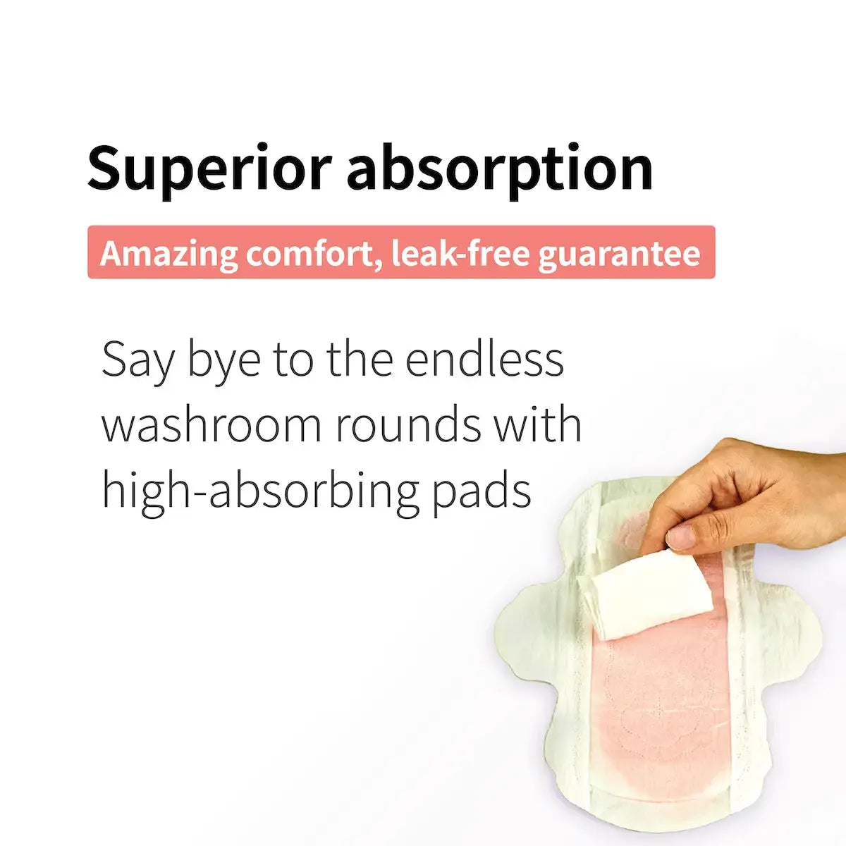 High-absorbing pad with text about superior absorption and comfort on a white background