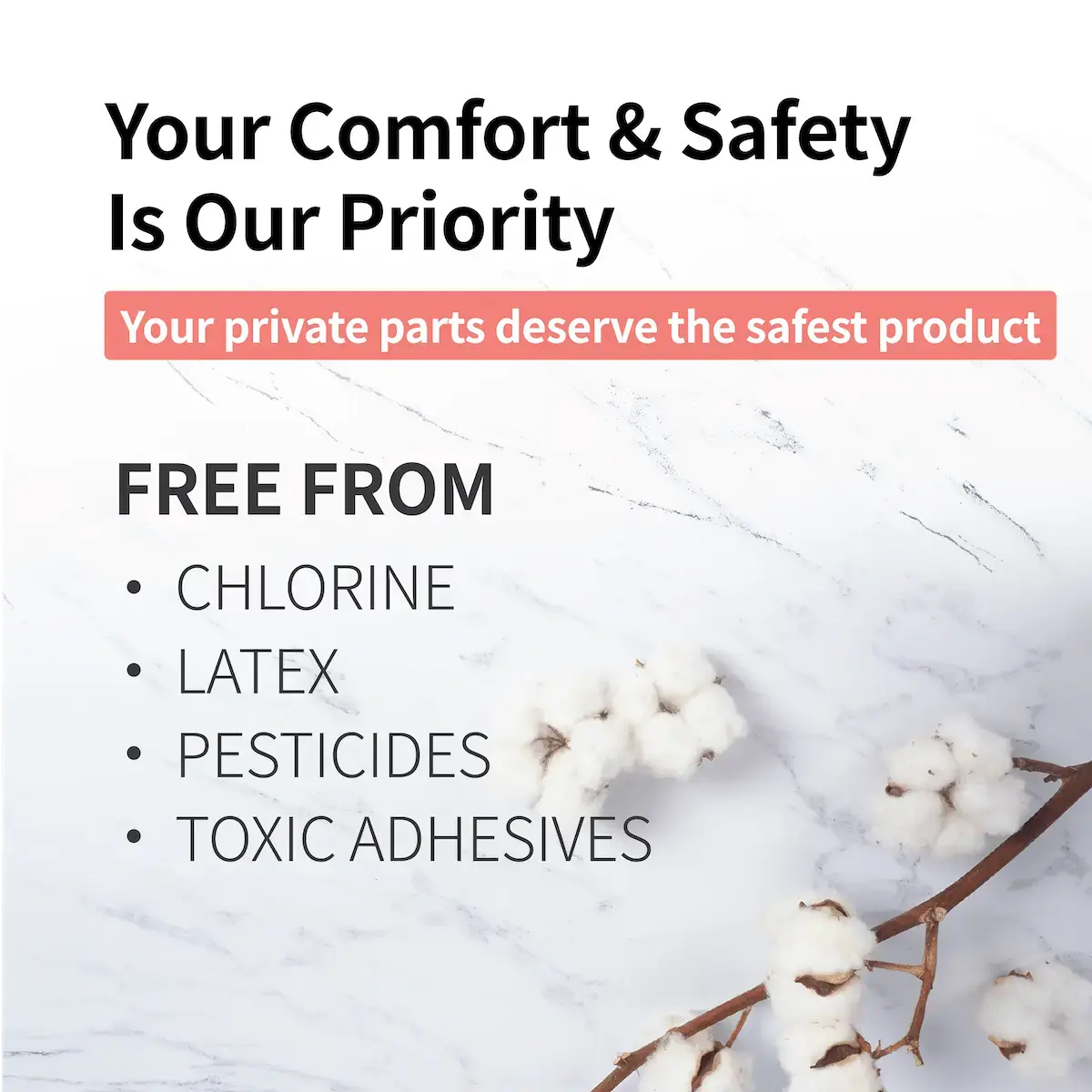 Advertisement highlighting product safety features with cotton branches on a light background