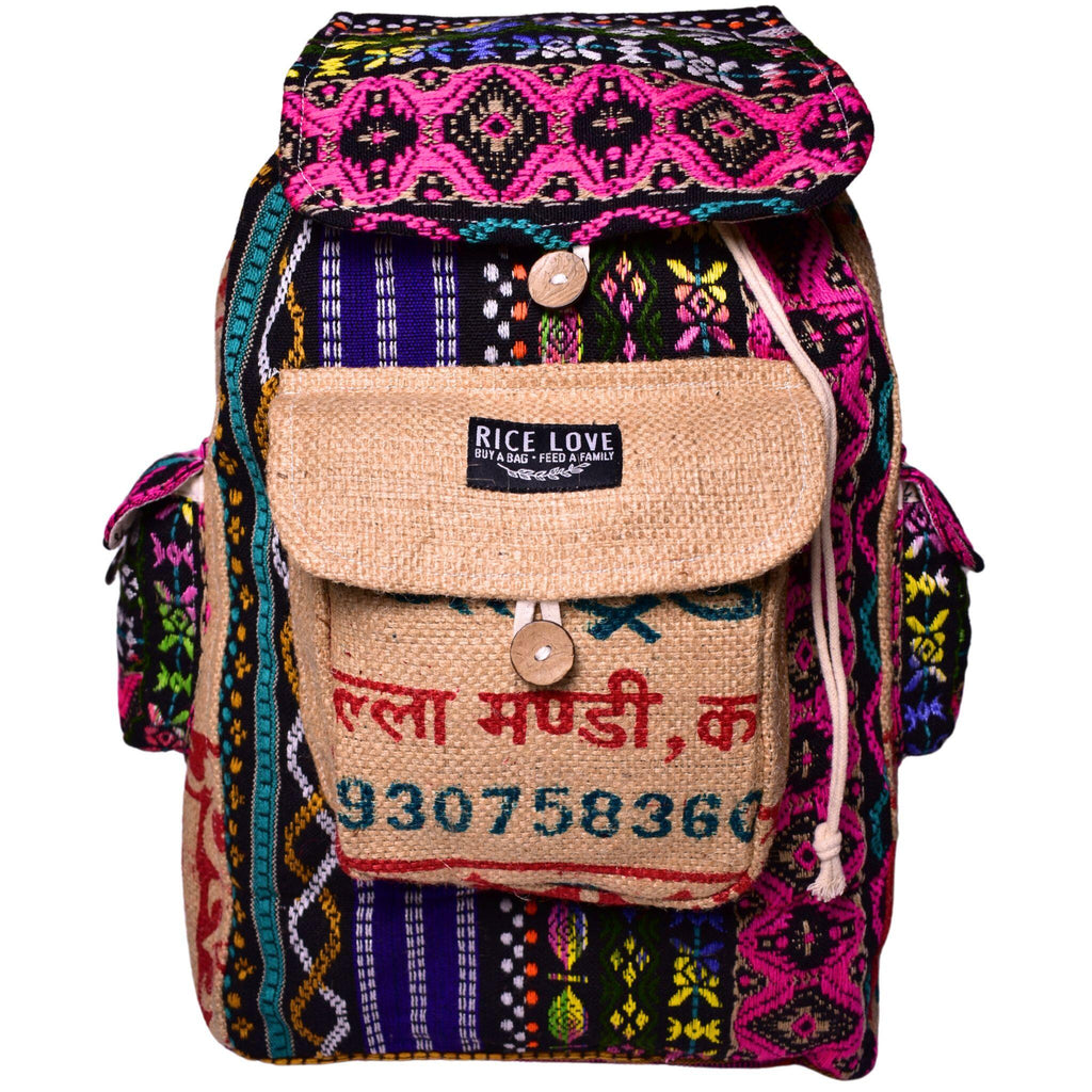Colorful backpack with a visible brand label on a white background
