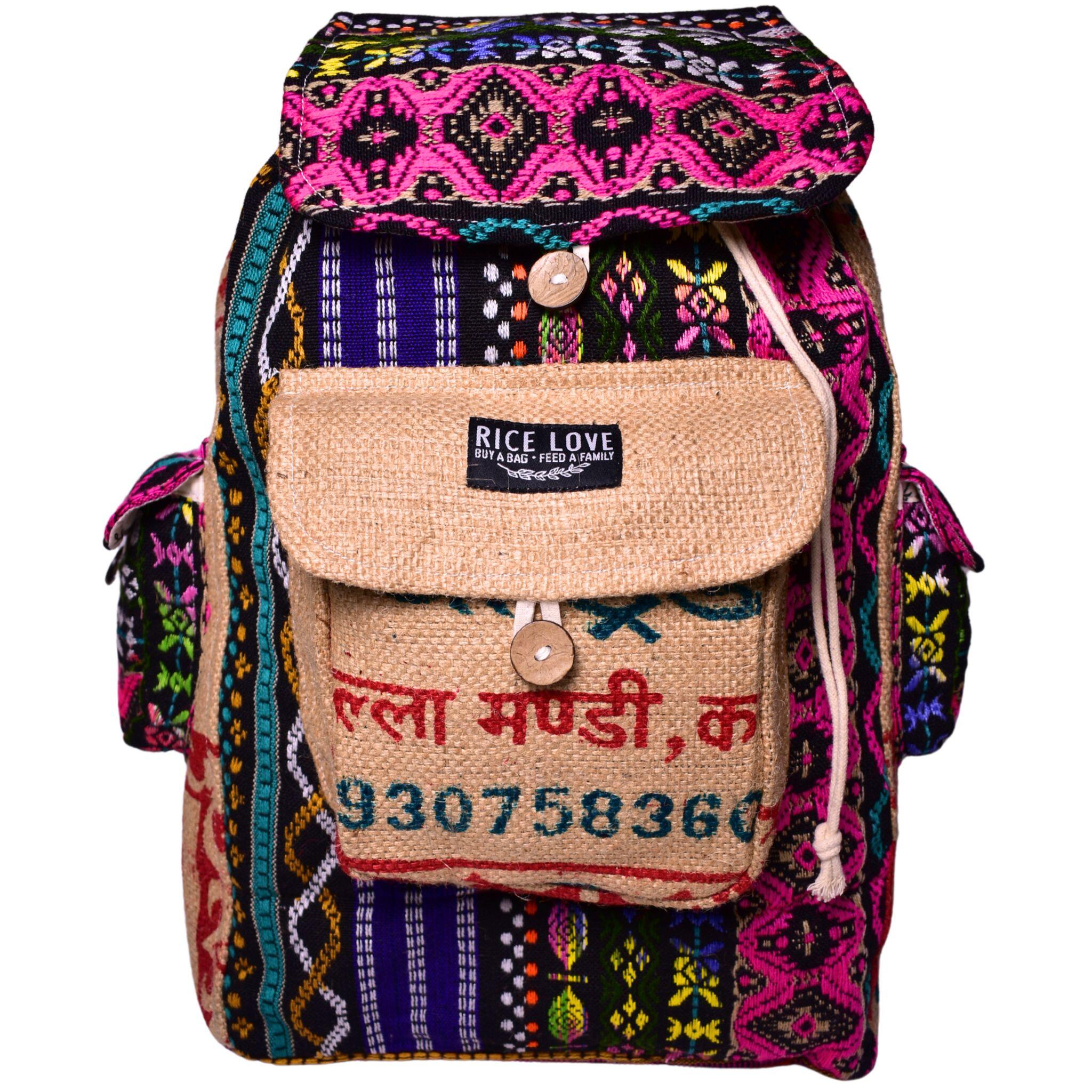 Colorful backpack with a visible brand label on a white background