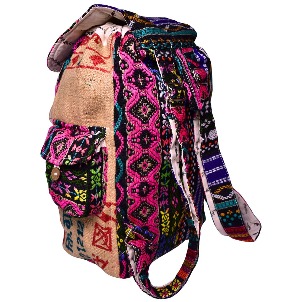 Colorful backpack with intricate patterns on a white background