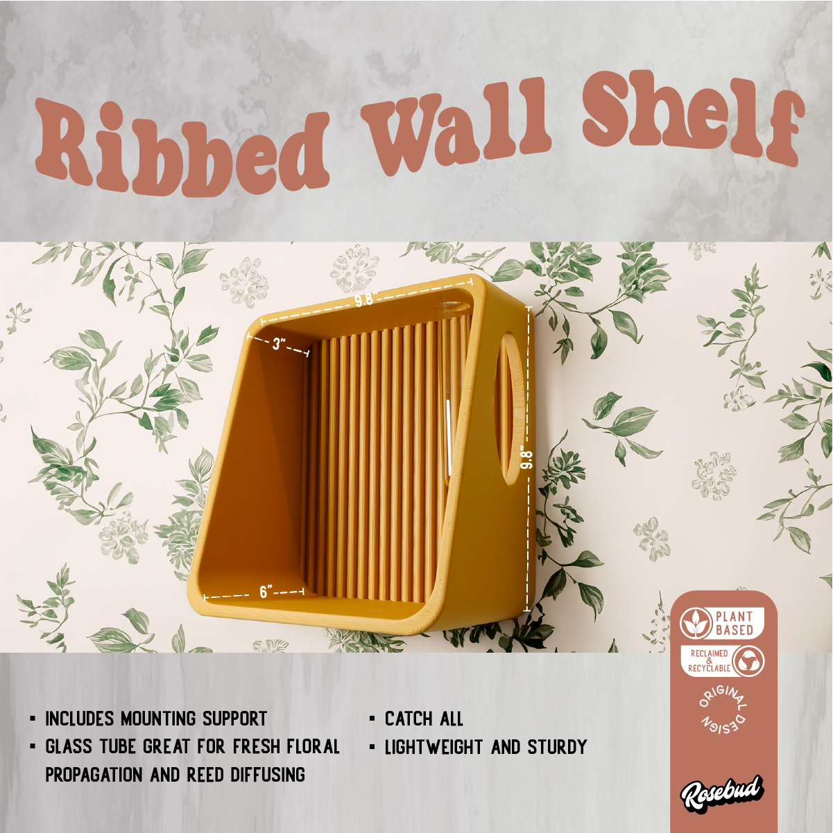 Yellow ribbed wall shelf with plant-themed packaging on a gray background