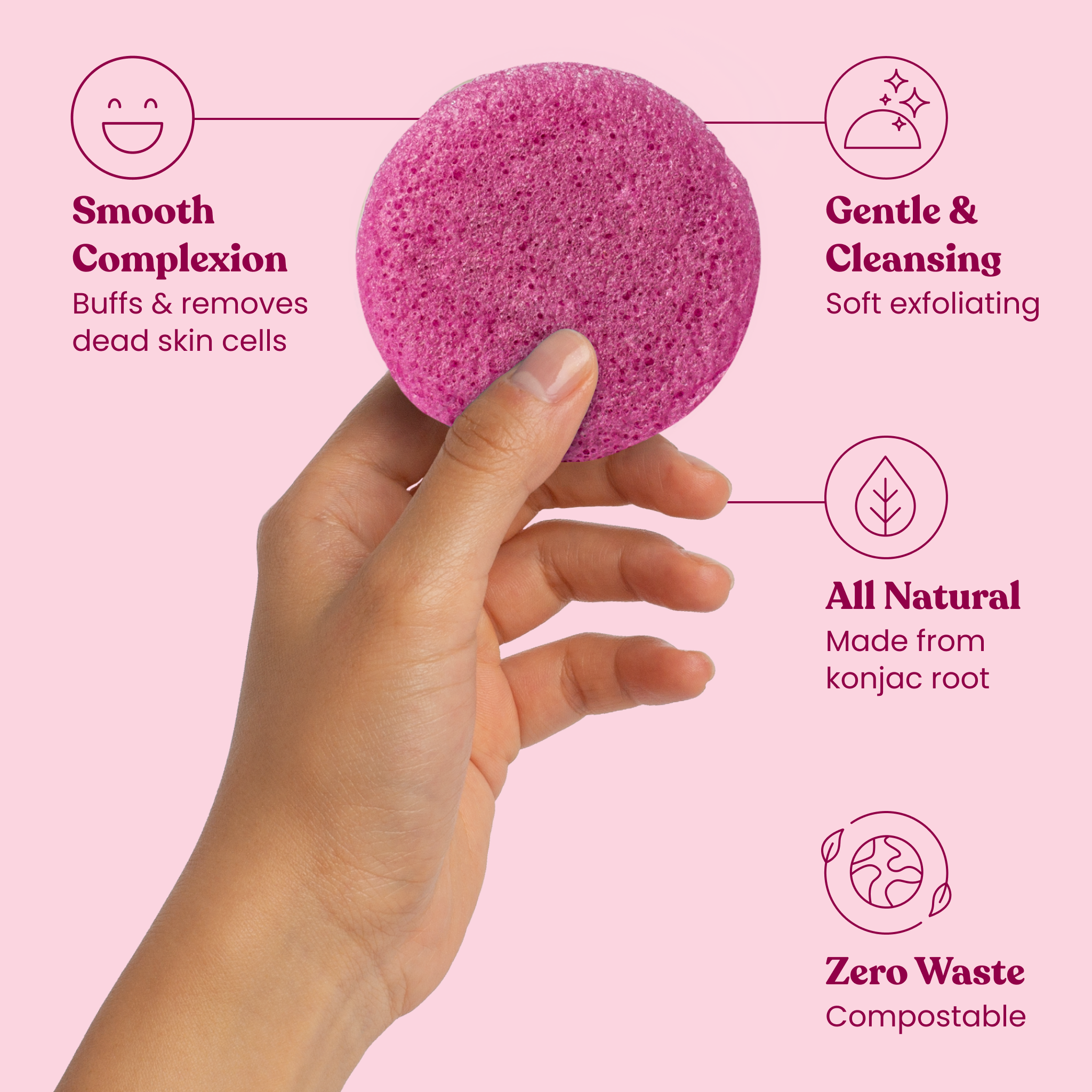 Pink exfoliating sponge held by a hand with features listed on a pink background