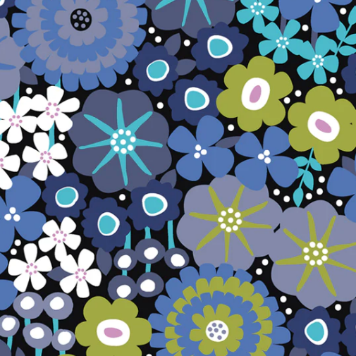 Pattern of colorful flowers on a black background