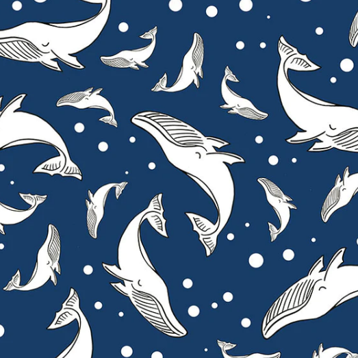 Pattern of white whales on a blue background with white dots.