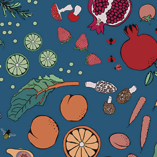 Colorful pattern of fruits, vegetables, and herbs on a blue background