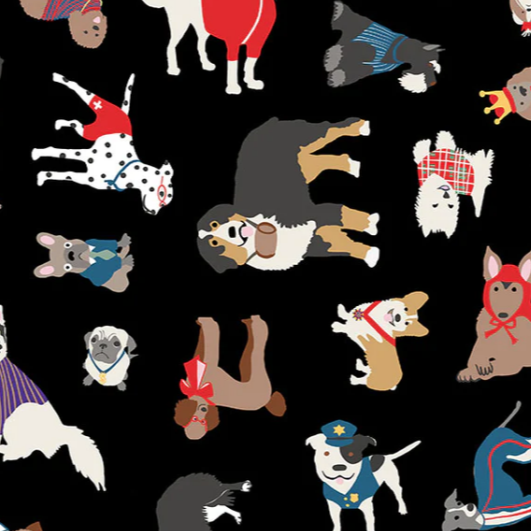Pattern of cartoon dogs in various poses and costumes on a black background