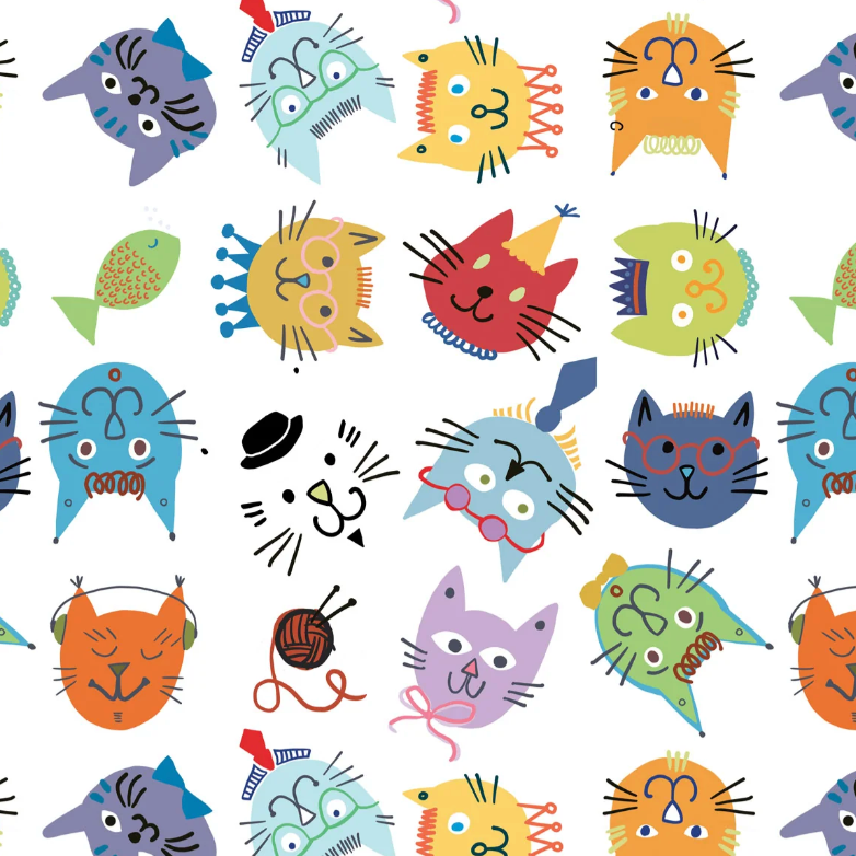 Pattern of colorful cat faces on a white background