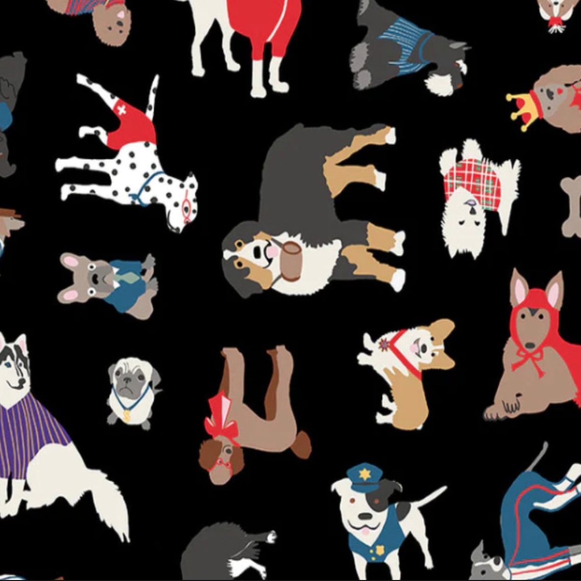 Pattern of cartoon dogs in various poses and outfits on a black background