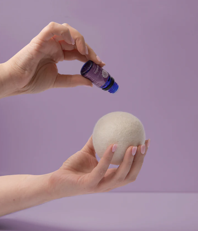 Hand holding a small bottle of essential oils and an all natural dryer ball against a purple background