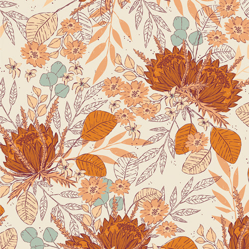 Floral and leaf pattern with autumnal colors on a beige background