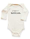 Baby onesie with 'poppin' bottles.' text on a white background