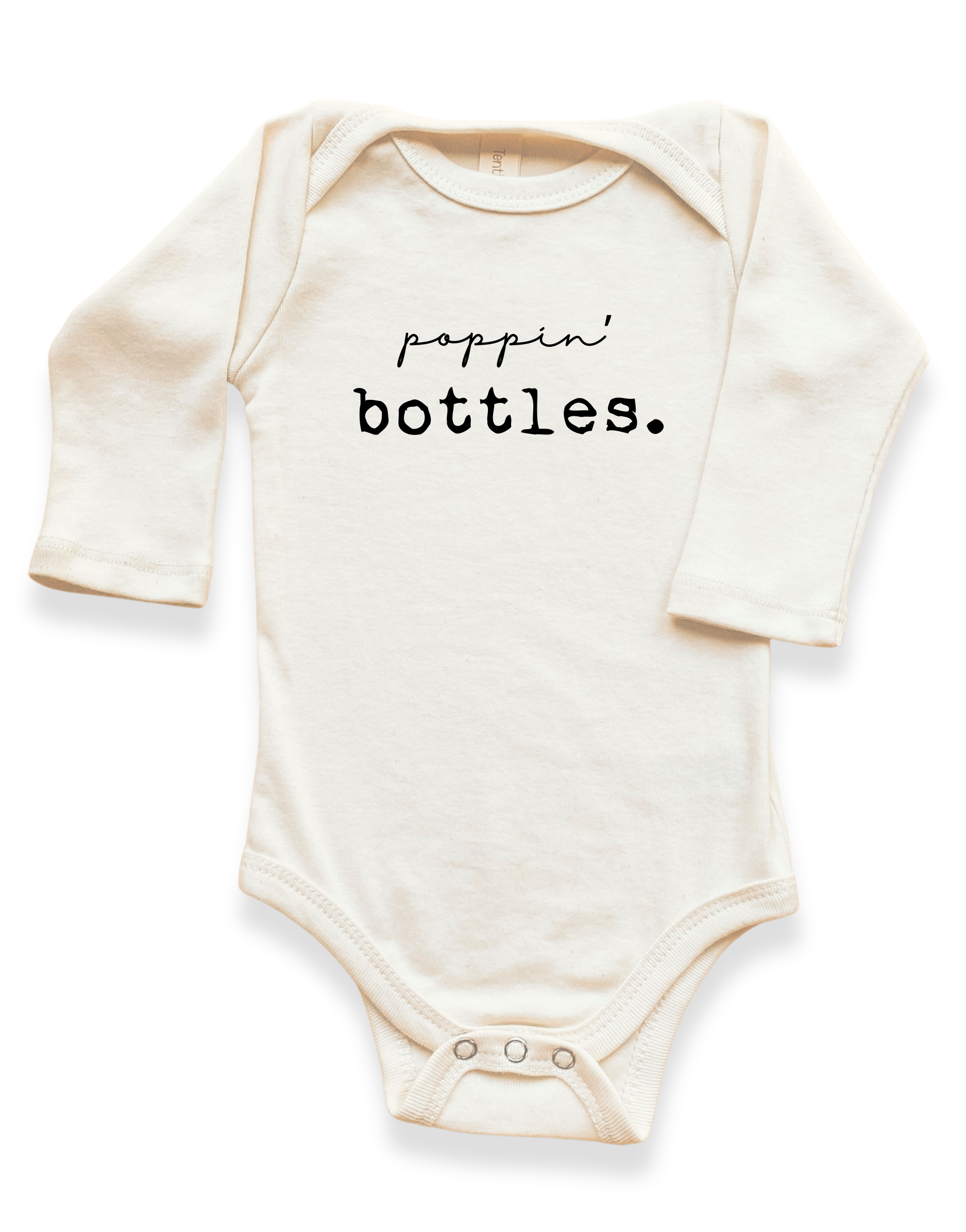 Baby onesie with 'poppin' bottles.' text on a white background