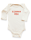 Baby onesie with 'kisses 25 cents' text on a white background