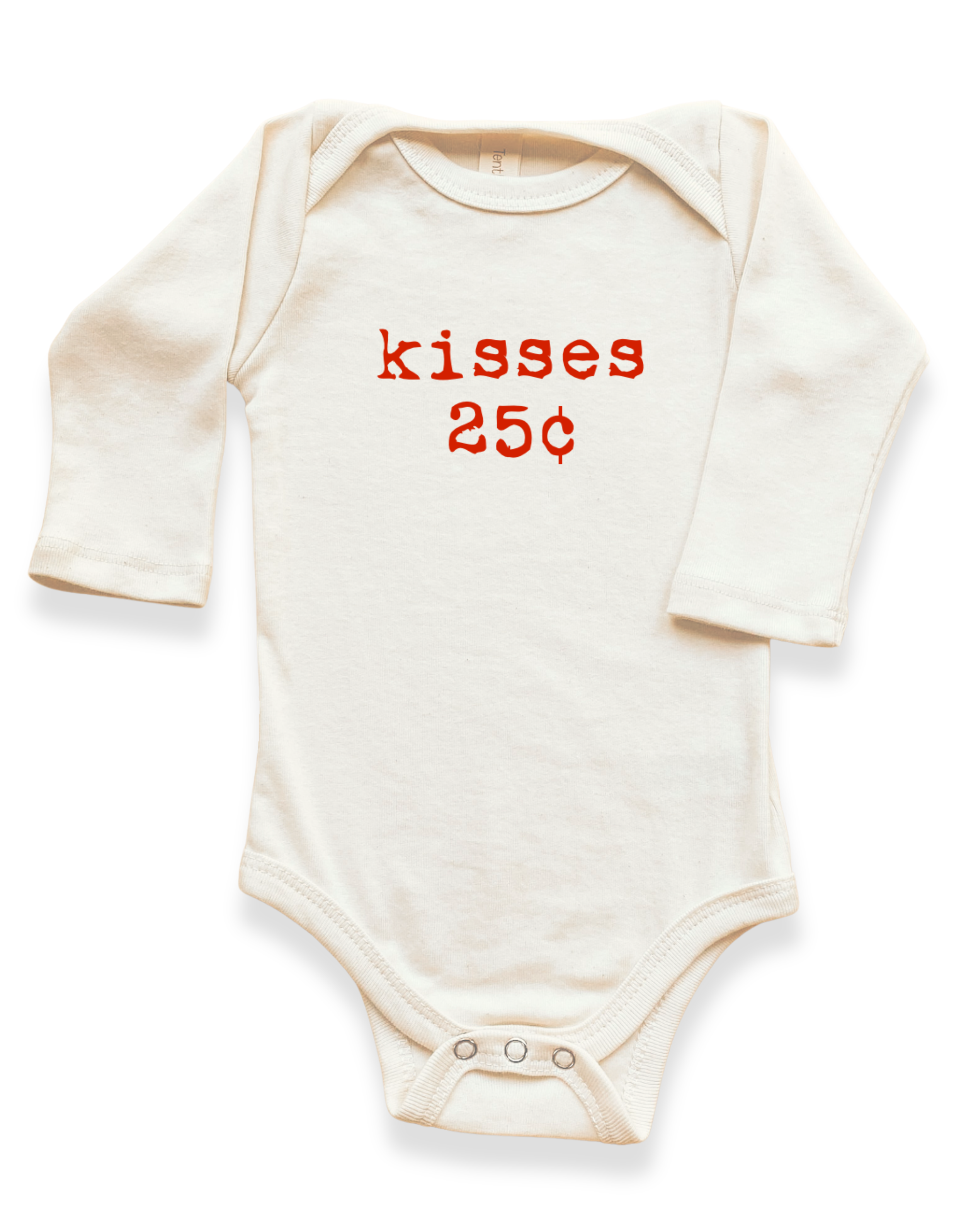Baby onesie with 'kisses 25 cents' text on a white background