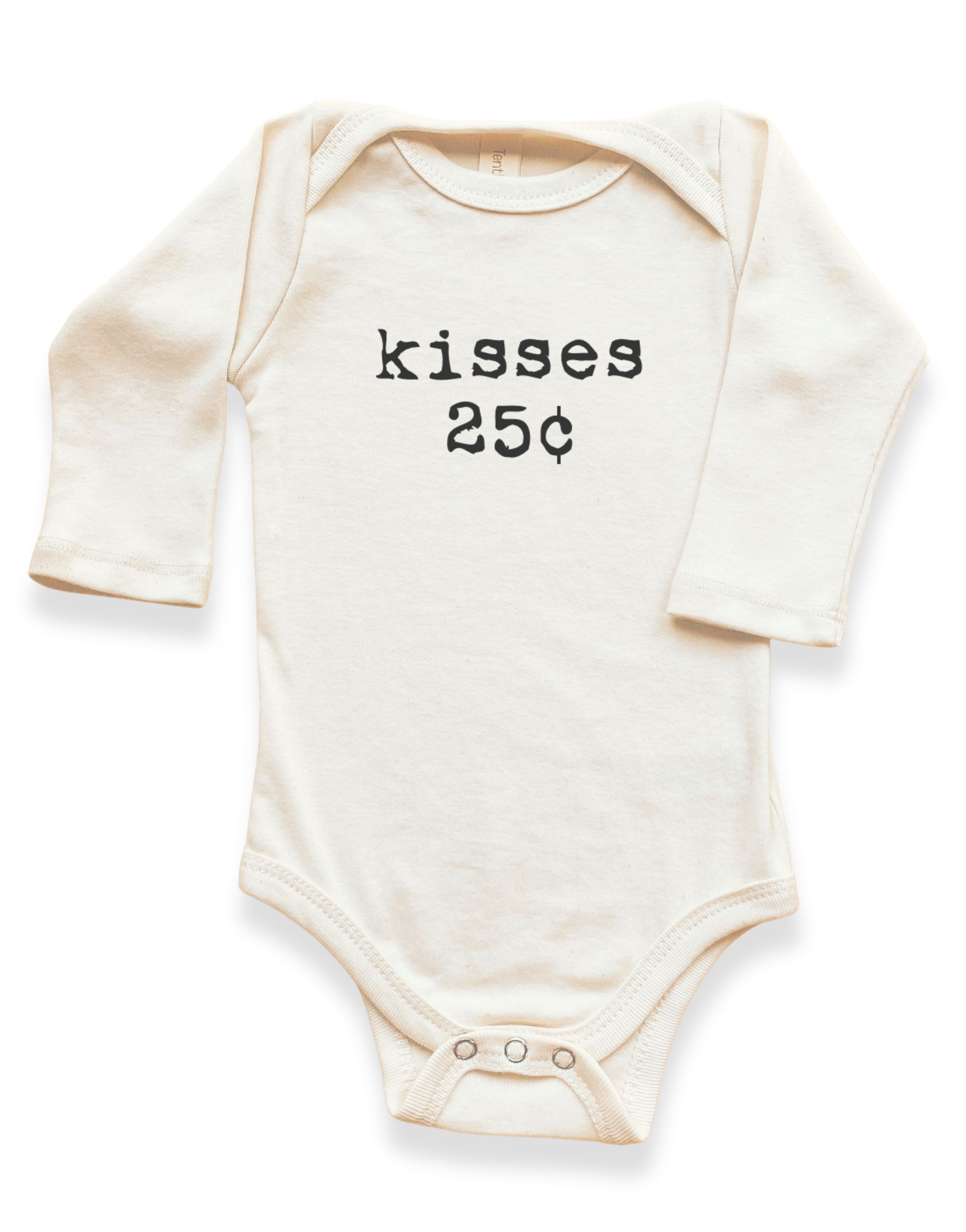 Baby onesie with 'kisses 25 cents' text on a white background