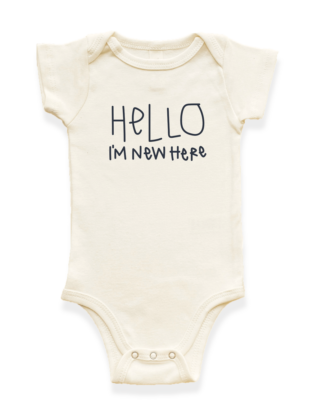 Beige baby onesie with 'Hello I'm New Here' text on a white background