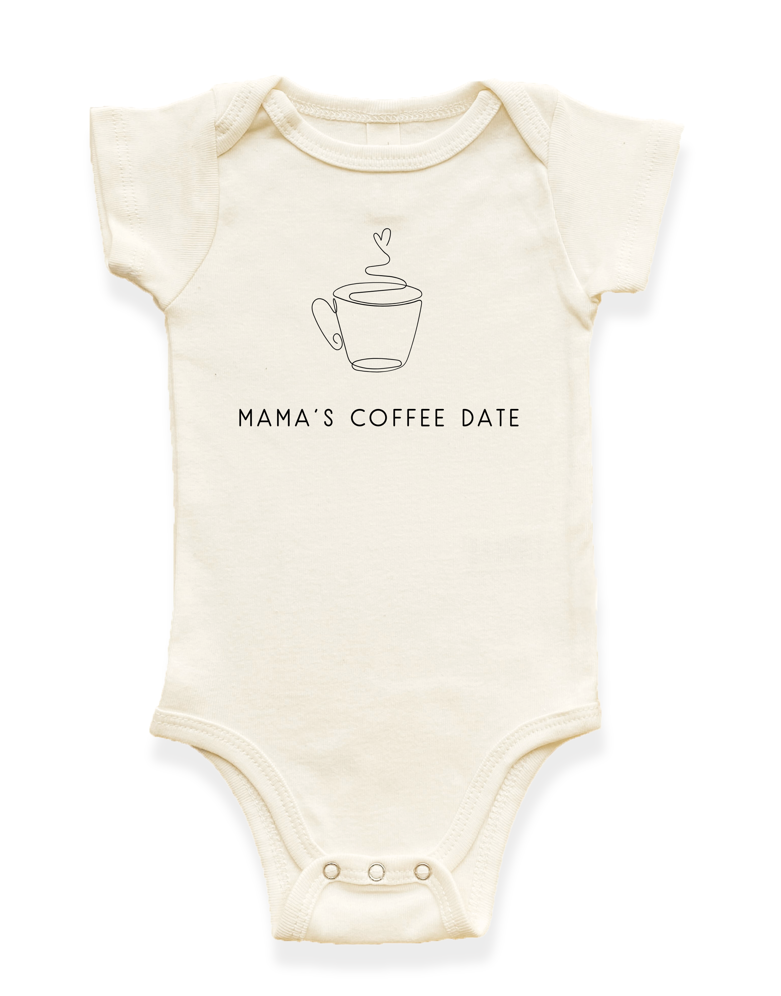 Beige baby onesie with 'Mama's Coffee Date' text and coffee cup graphic on a white background