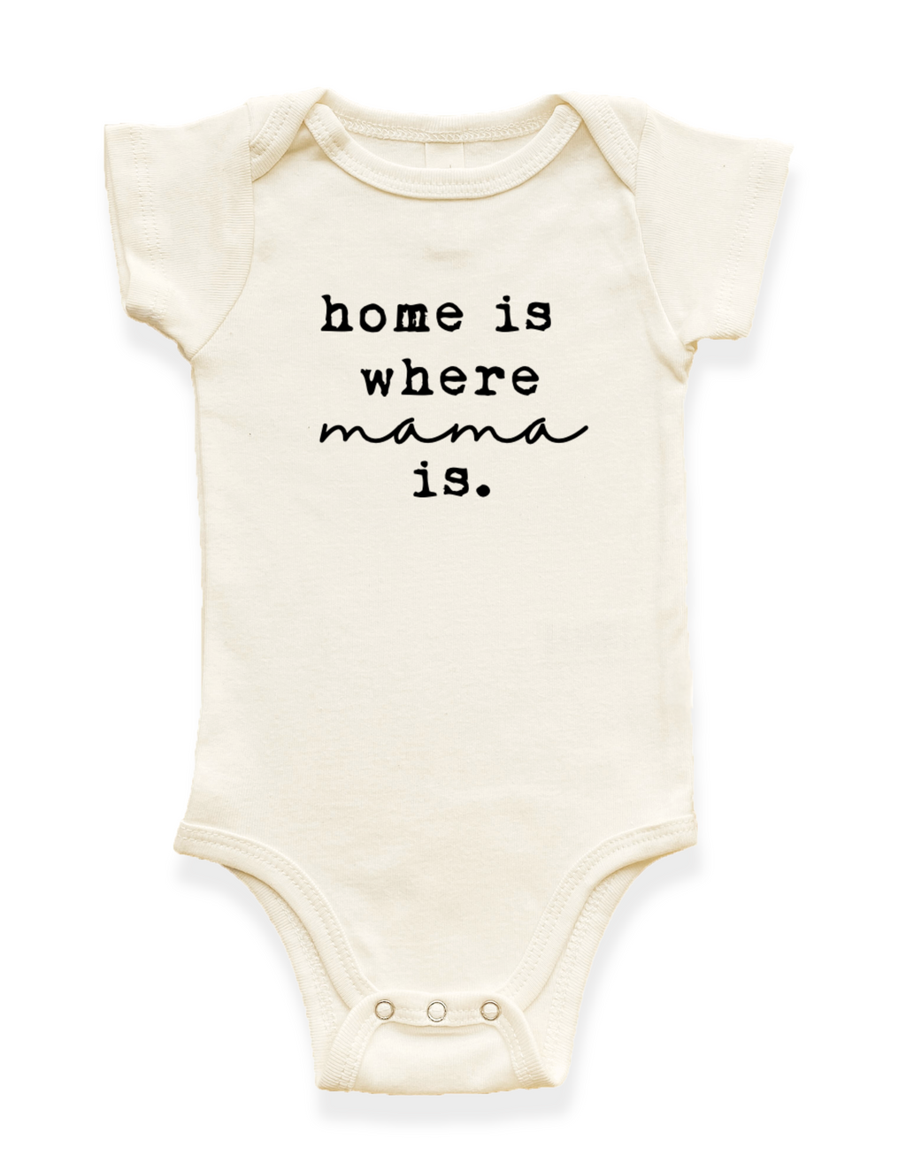 Beige baby onesie with 'home is where mama is' text on a white background