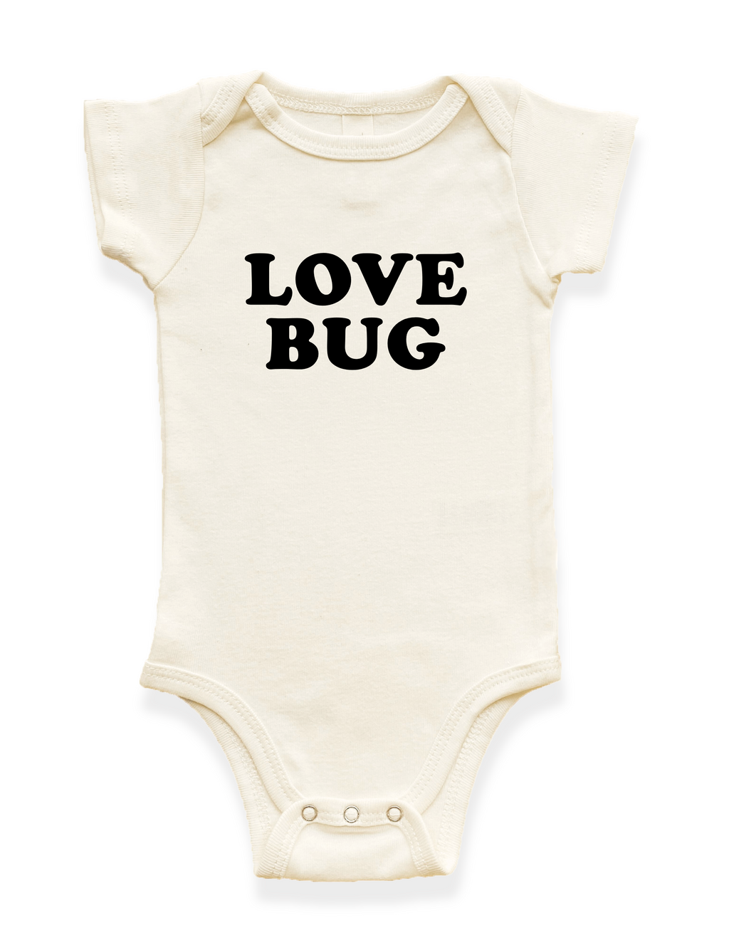 Beige baby onesie with 'LOVE BUG' text on a white background