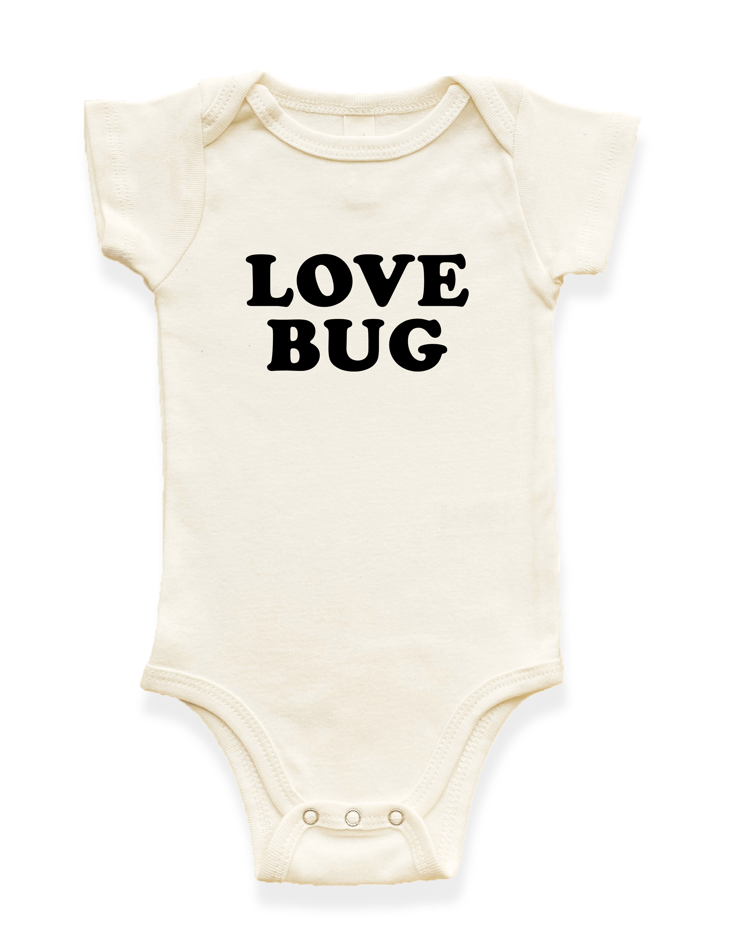Beige baby onesie with 'LOVE BUG' text on a white background