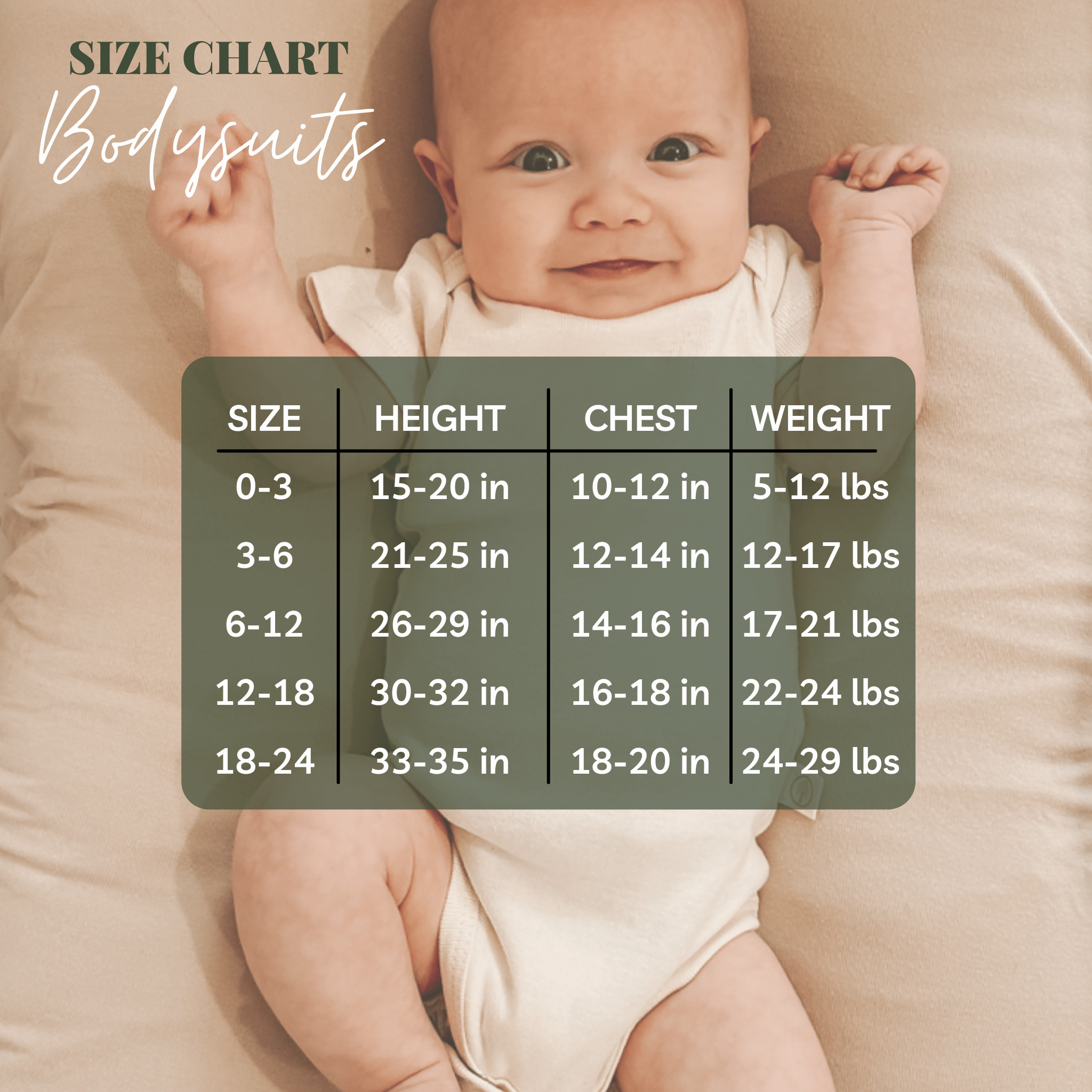Baby lying on a beige blanket with a size chart overlay