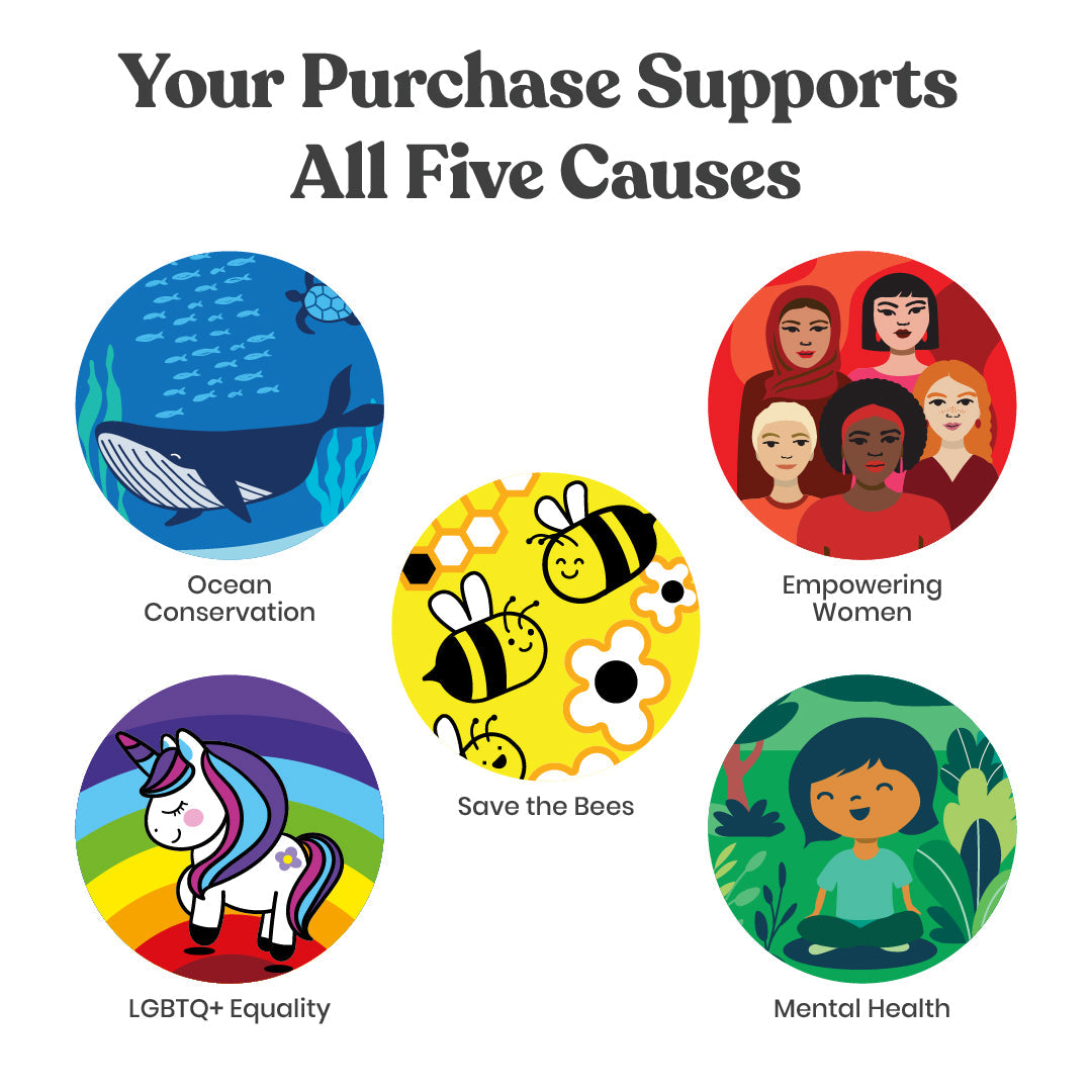 Five circular icons representing different causes with corresponding illustrations and text on a white background.