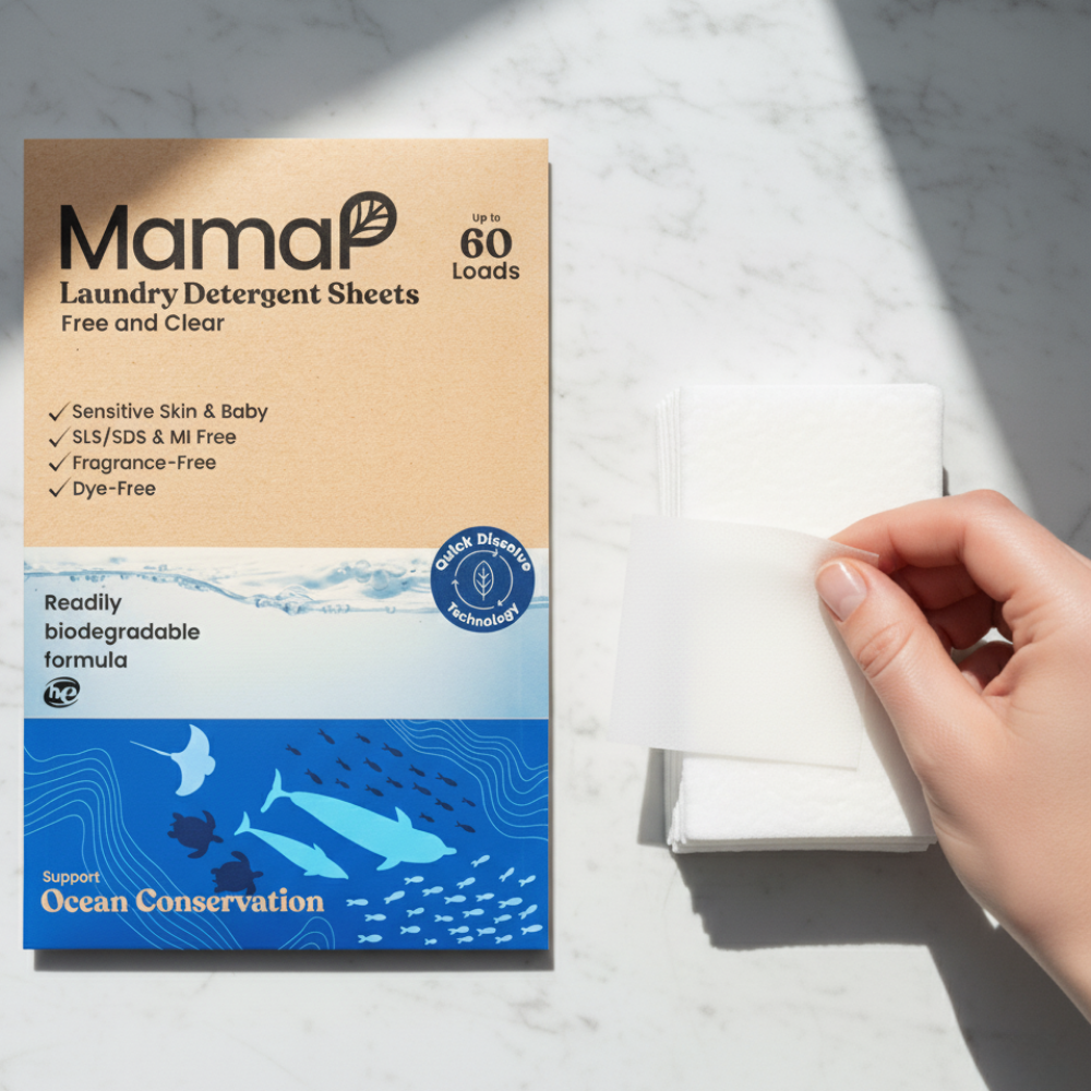 MamaP laundry detergent sheets packaging on a marble surface with a hand reaching for a sheet.