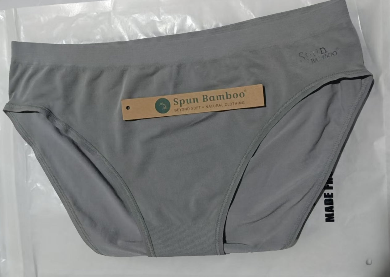 Gray underwear with a 'Spun Bamboo' label on a white background