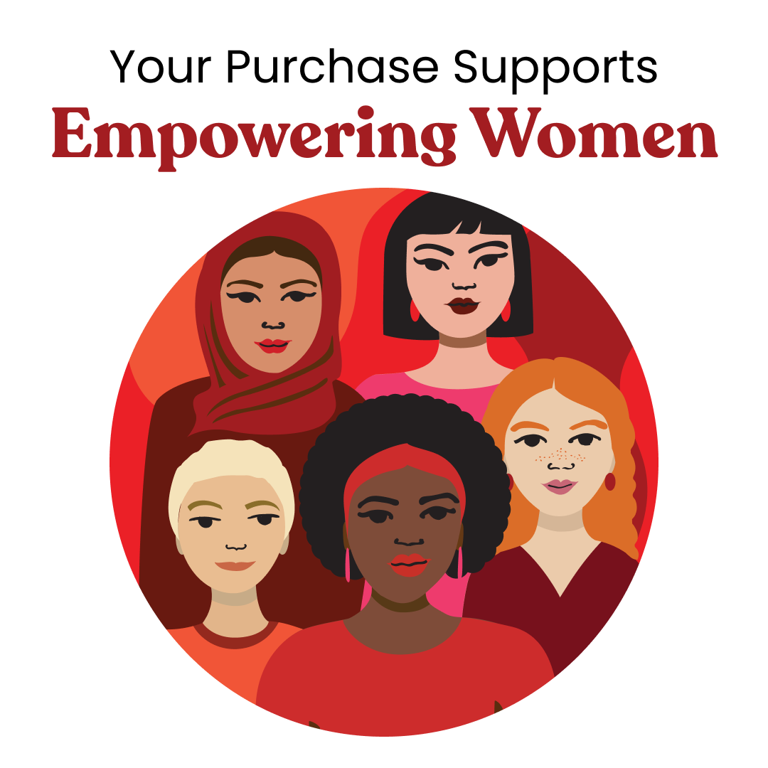 Illustration of five women with diverse hairstyles and clothing, surrounded by text 'Your Purchase Supports Empowering Women'.