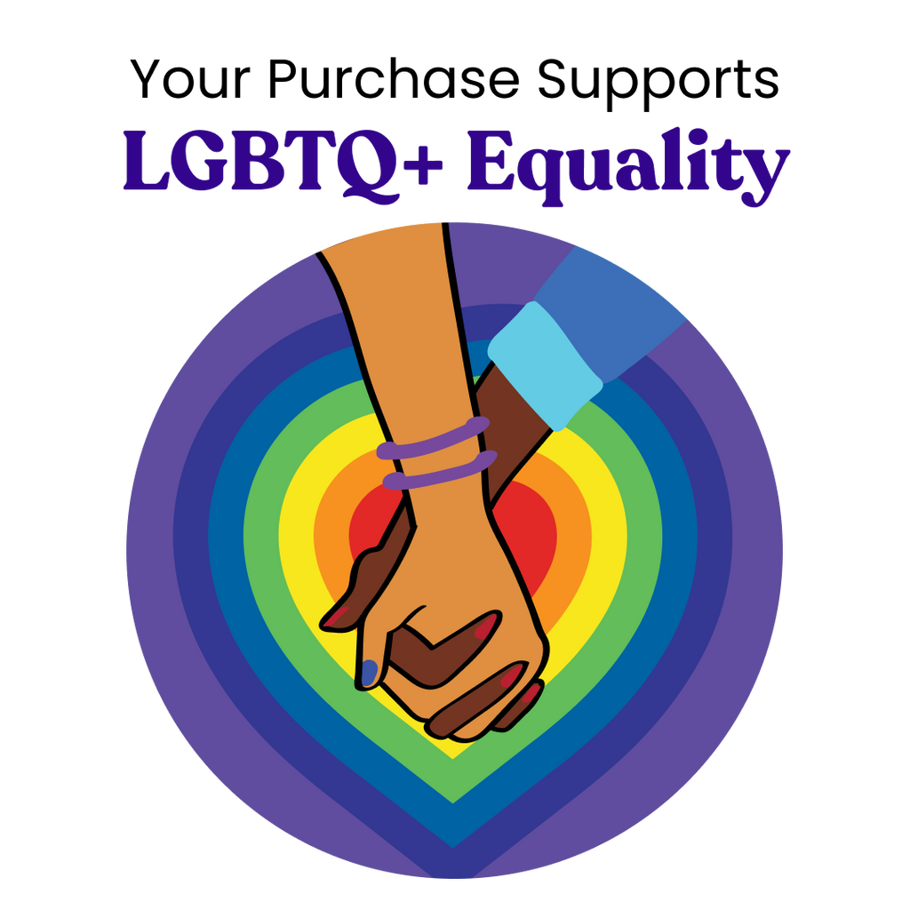 Two hands holding each other with a rainbow heart in the center, surrounded by text about supporting LGBTQ+ equality.