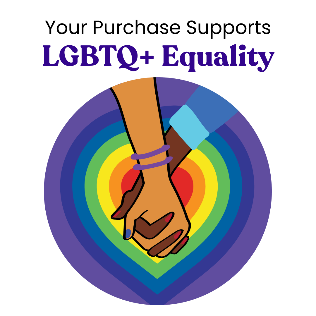 Two hands holding each other with a rainbow heart in the center, surrounded by text about supporting LGBTQ+ equality.