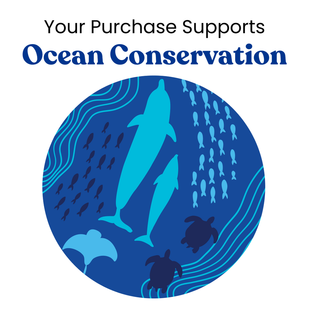 Blue circular design with dolphins and fish, supporting ocean conservation text above.